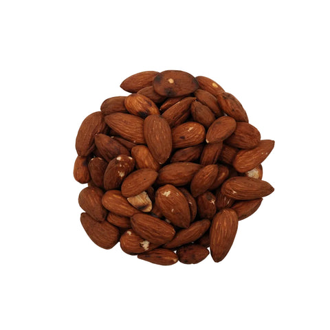 A clear glass bowl filled with whole unsalted almonds, photographed from above on a plain white background.