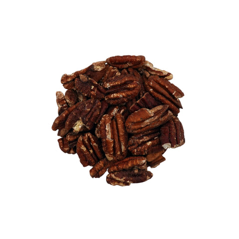A clear glass bowl filled with brown salted pecans, photographed from above on a plain white background.
