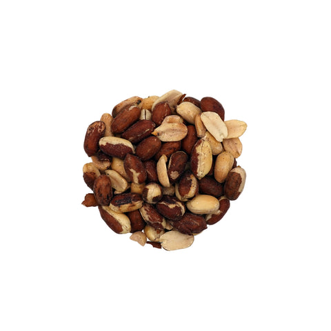 A top-down view of mixed nuts, including Salted Redskin Peanuts, in a clear glass bowl on a white background.