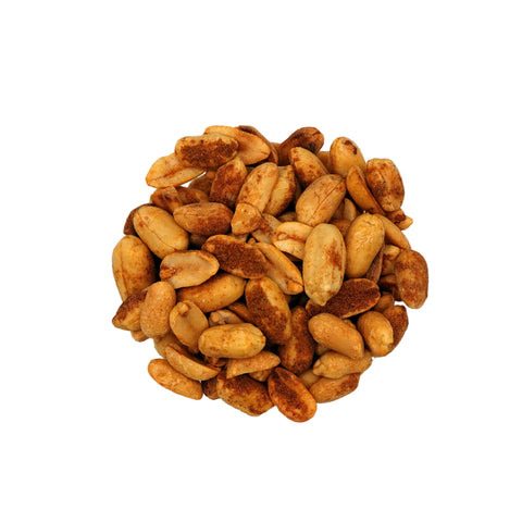 Roasted Old Bay Peanuts in a clear glass bowl, photographed from a top-down view on a clean white background.