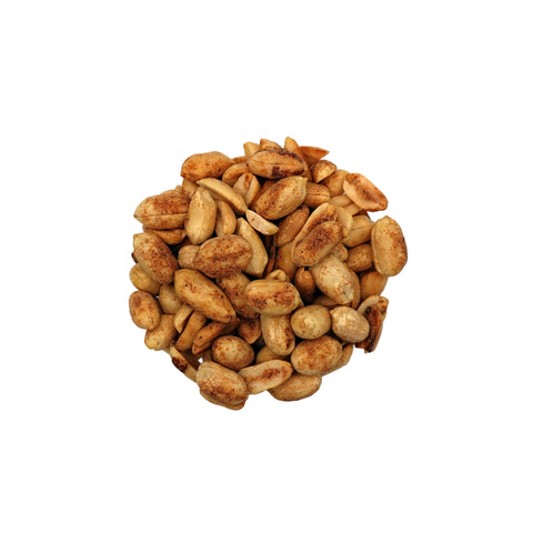 Roasted savory cajun peanuts in a clear glass bowl, photographed from a top-down view on a clean white background.